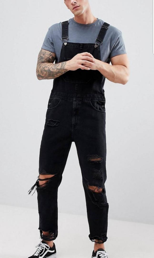 Mens black denim dungarees outlet