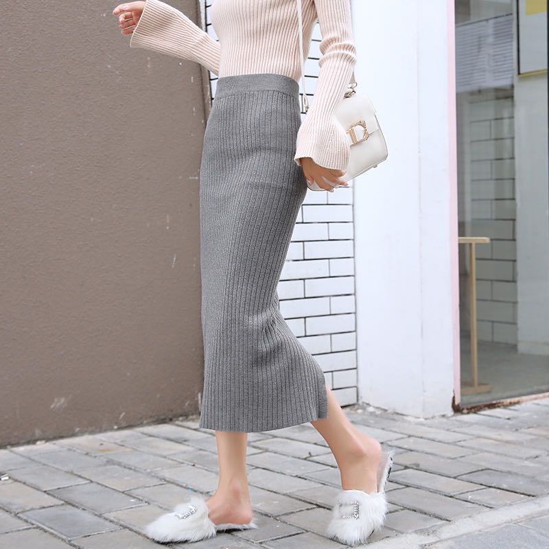 grey knit midi skirt