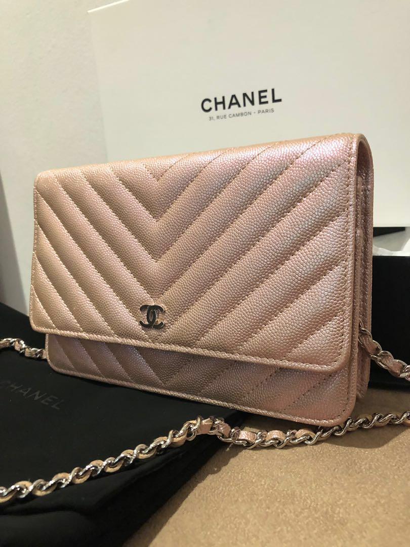 Chanel iridescent light Rose gold 17b chevron WOC wallet on chain SHW