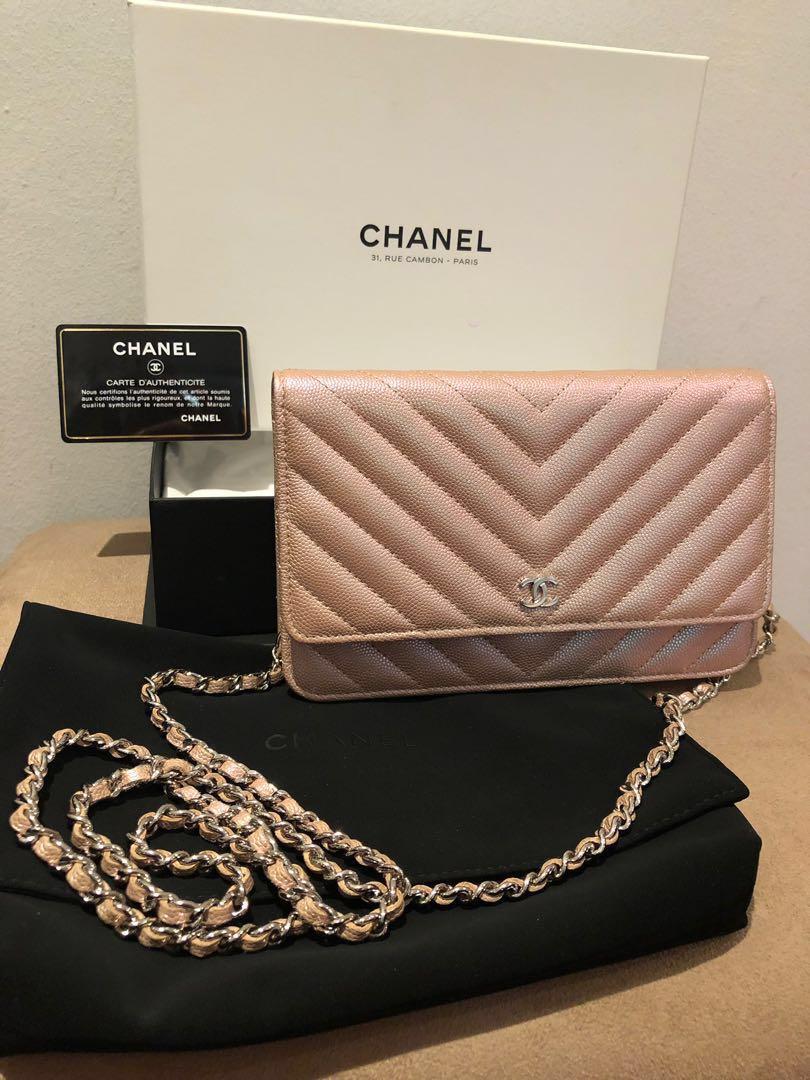 Chanel iridescent light Rose gold 17b chevron WOC wallet on chain