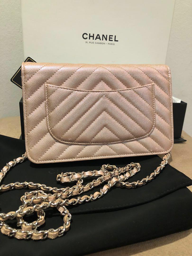 Chanel Classic Wallet on Chain 17B Iridescent Rose Gold Chevron Caviar with  silver hardware
