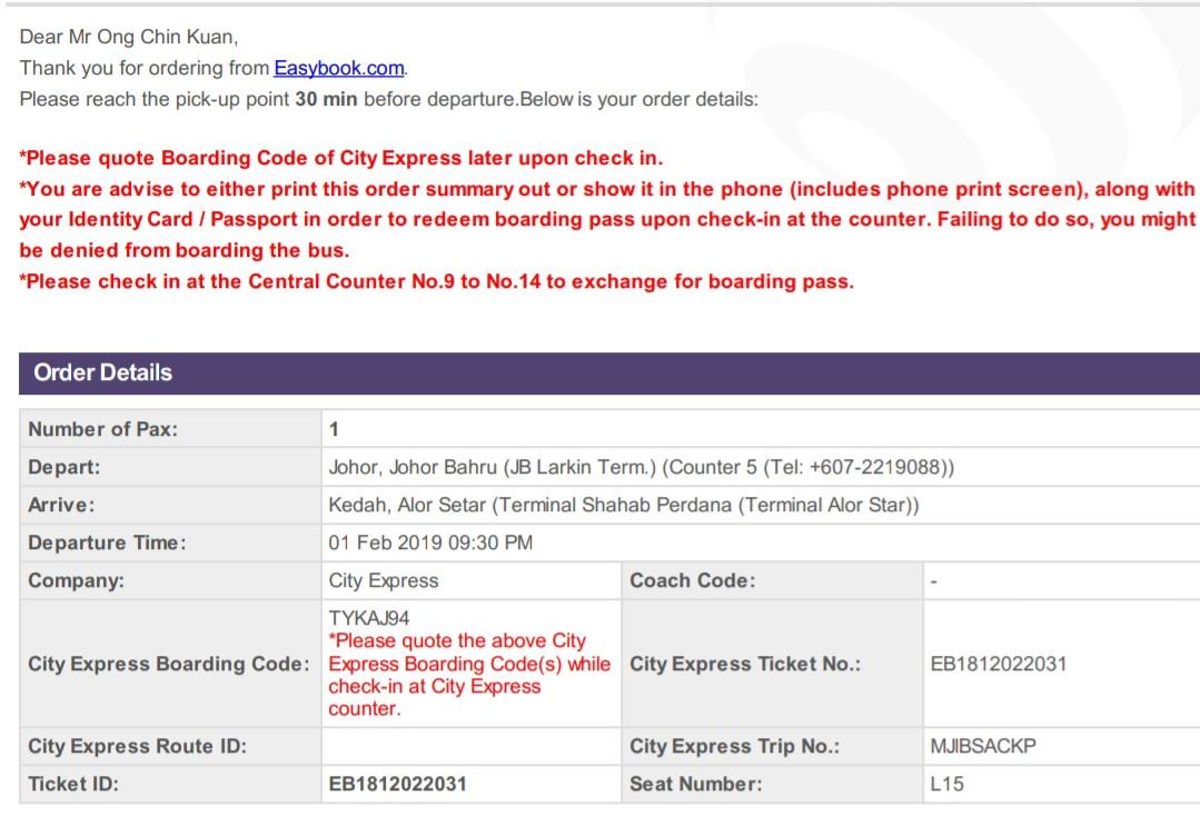 CNY Bus Ticket Jb Larkin to Alor Star, Kedah, Everything Else on Carousell