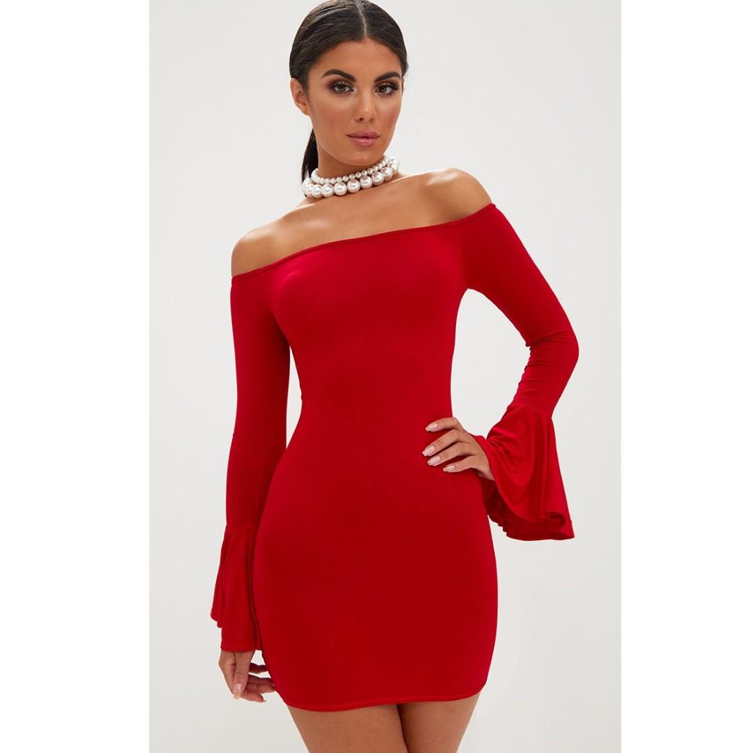 red frill bardot dress