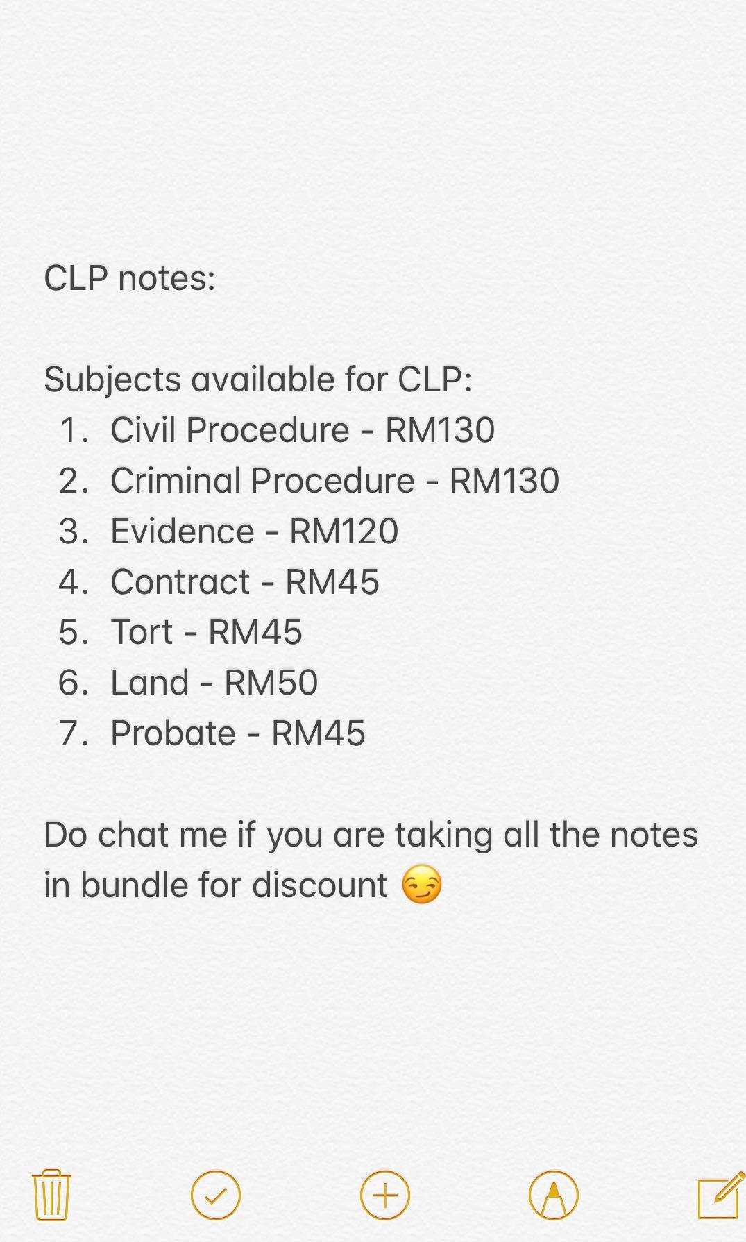 CLP Notes (Category: Textbooks) located in Kajang. Submitted by gracedotco (Listing ID 209860391, Image 1). Description: Save yourself from the hassle and time in preparing for your CLP exam. We know how time consuming the clp exam is, so why not buy the notes from us and excel and pass the exam like a boss 😏😎. Past year answers are included. These study materials are updated till year 2020, so the recent changes and case law are included (some