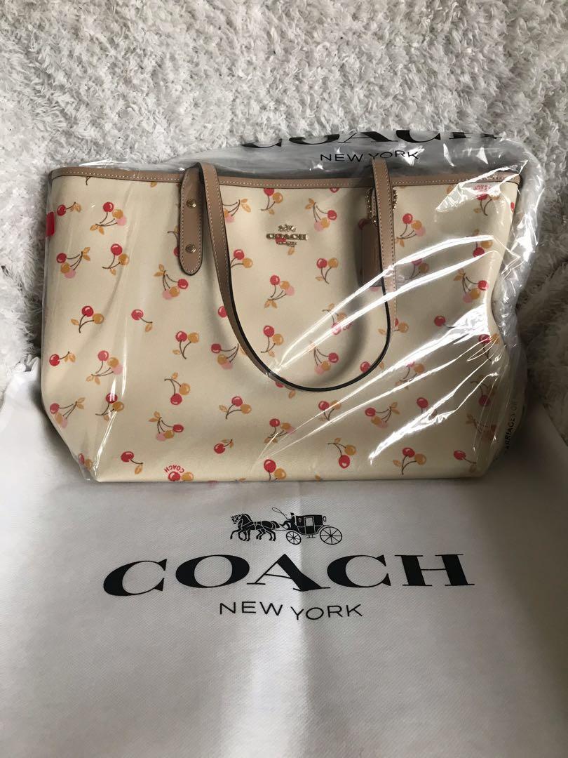 Coach Bag With Cherry Print 2 COACH CHERRY PRINT SIGNATURE ZIP LEATHER LARGE TOTE HANDBAG, Luxury