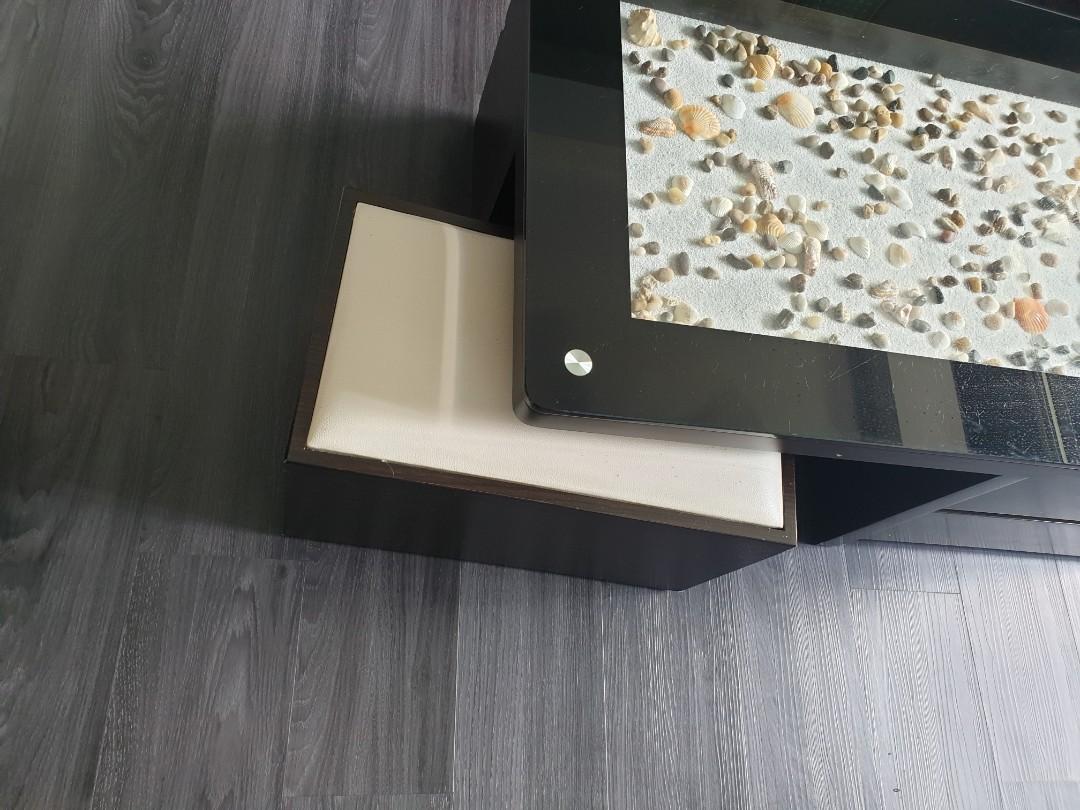 Coffee table (Category: Tables & Sets) located in Singapore. Submitted by damnzo13 (Listing ID 210997684, Image 3). Description: Price can be nego - Has 4 drawers - Top glass can be remove - Can decorate internal glass space - Has 2 chairs left and right corner Item self collect.