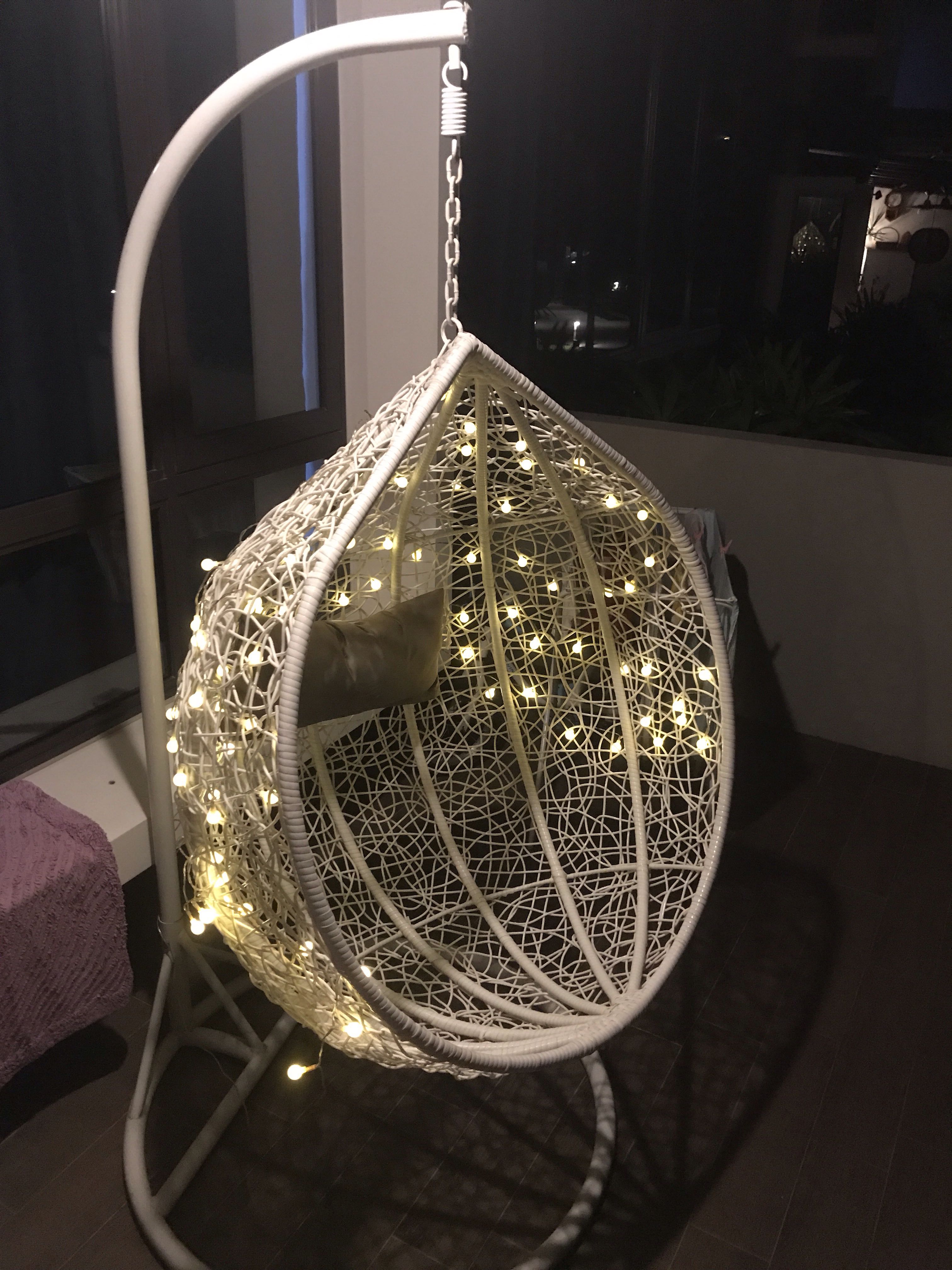 Hammock Rattan Swing Chair With Fairy Lights And Cushion