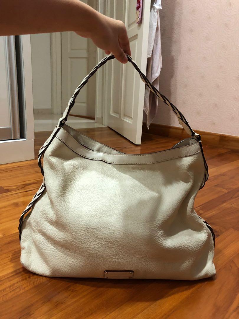 Kate Spade Off White Leather Flat Braided Strap Large Hobo Shoulder Bag Purse