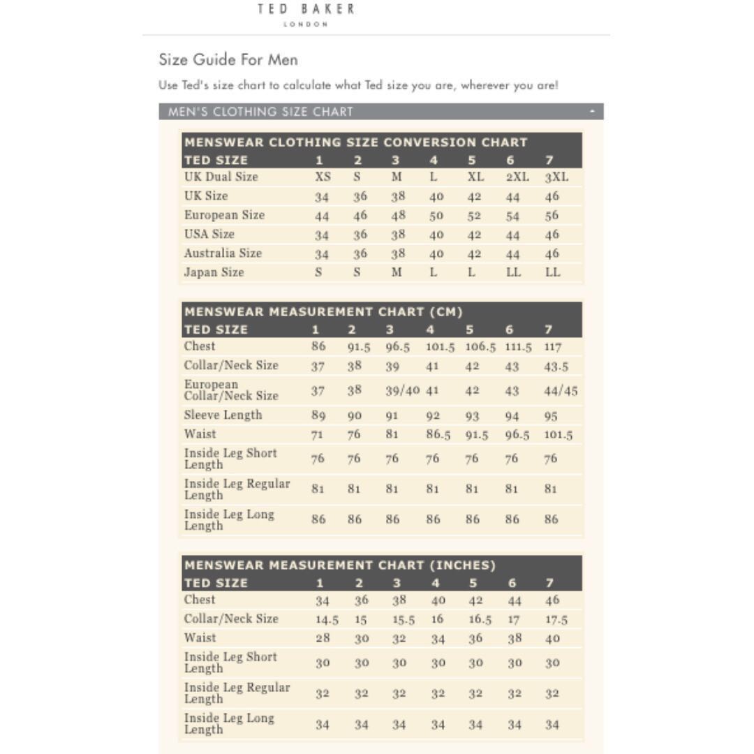 Ted Baker Mens Size Chart