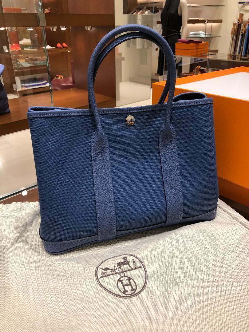 全新hermes Garden Party 30 Leather With Canvas Blue Agate C
