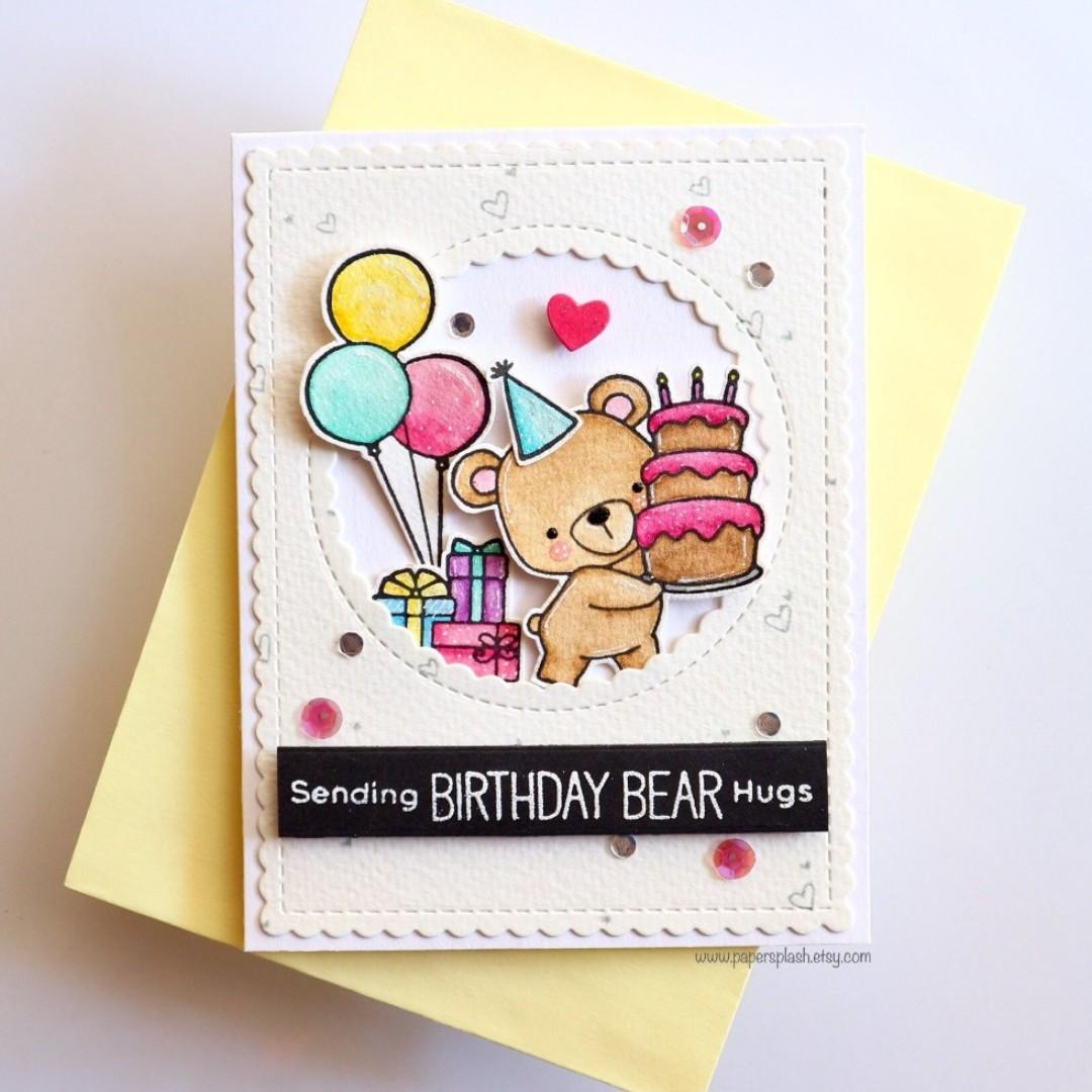 Bear birthday card, handmade, birthday cake card, balloons ...