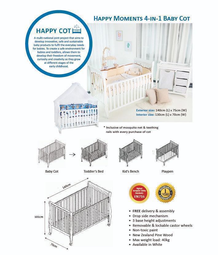 BUNDLE Happy Moment 4 in 1 Convertible Baby Cot White with