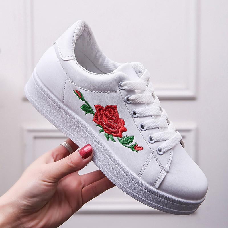 Casual Women Embroidered Flower Running Sneakers Flat Shoes