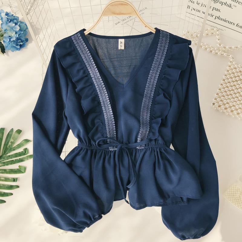 navy blue ruffle blouse