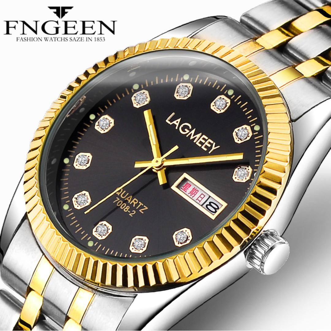 LAGMEEY 7008 Double Calender Diamond Luxury Gold Stainless Steel Wristwatch