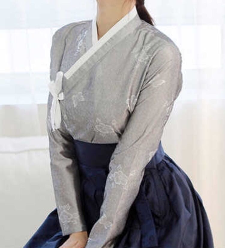 Modern Korean Hanbok Top In Shimmery Light Grey With Floral And