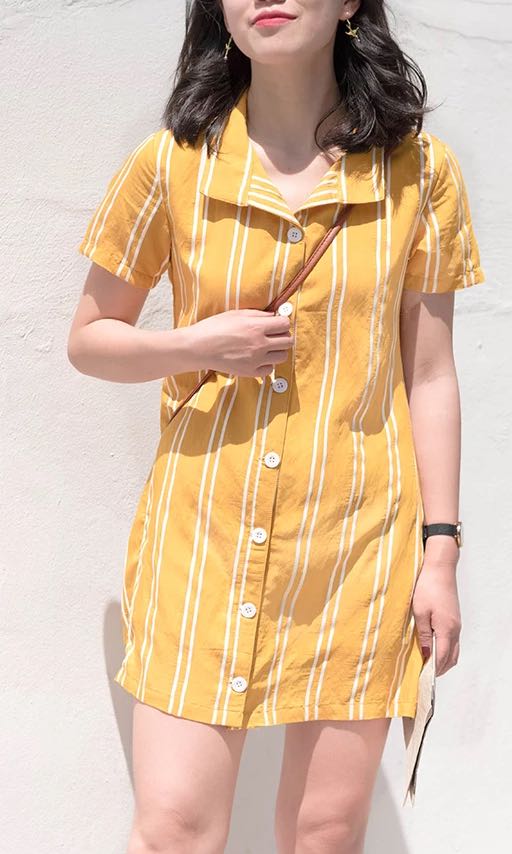 Yellow Striped Cotton Dress With Jacket