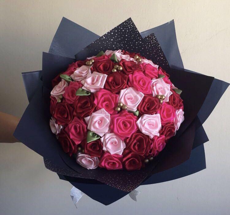 49 Ribbon Rose Bouquet Handcrafted Bouquet Ribbon Roses Handmade Gardening Flowers Bouquets On Carousell