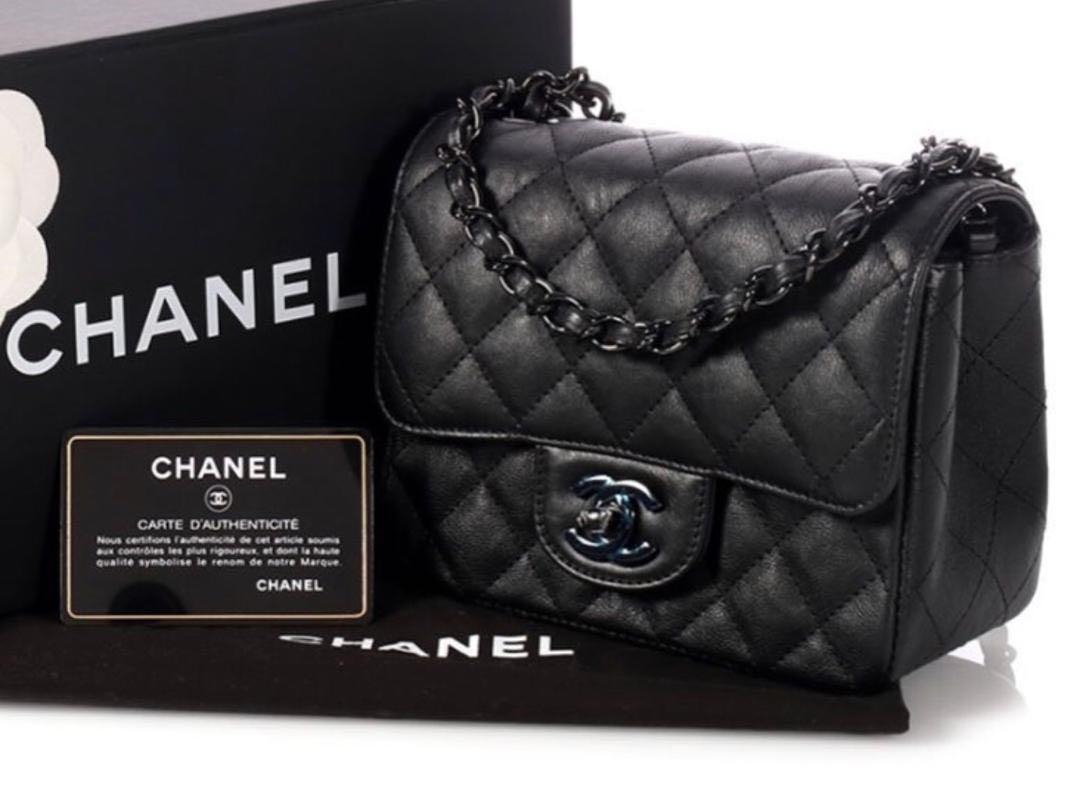 CHANEL BLACK MINI SQUARE LAMBSKIN QUILTED FLAP SILVER HARDWARE