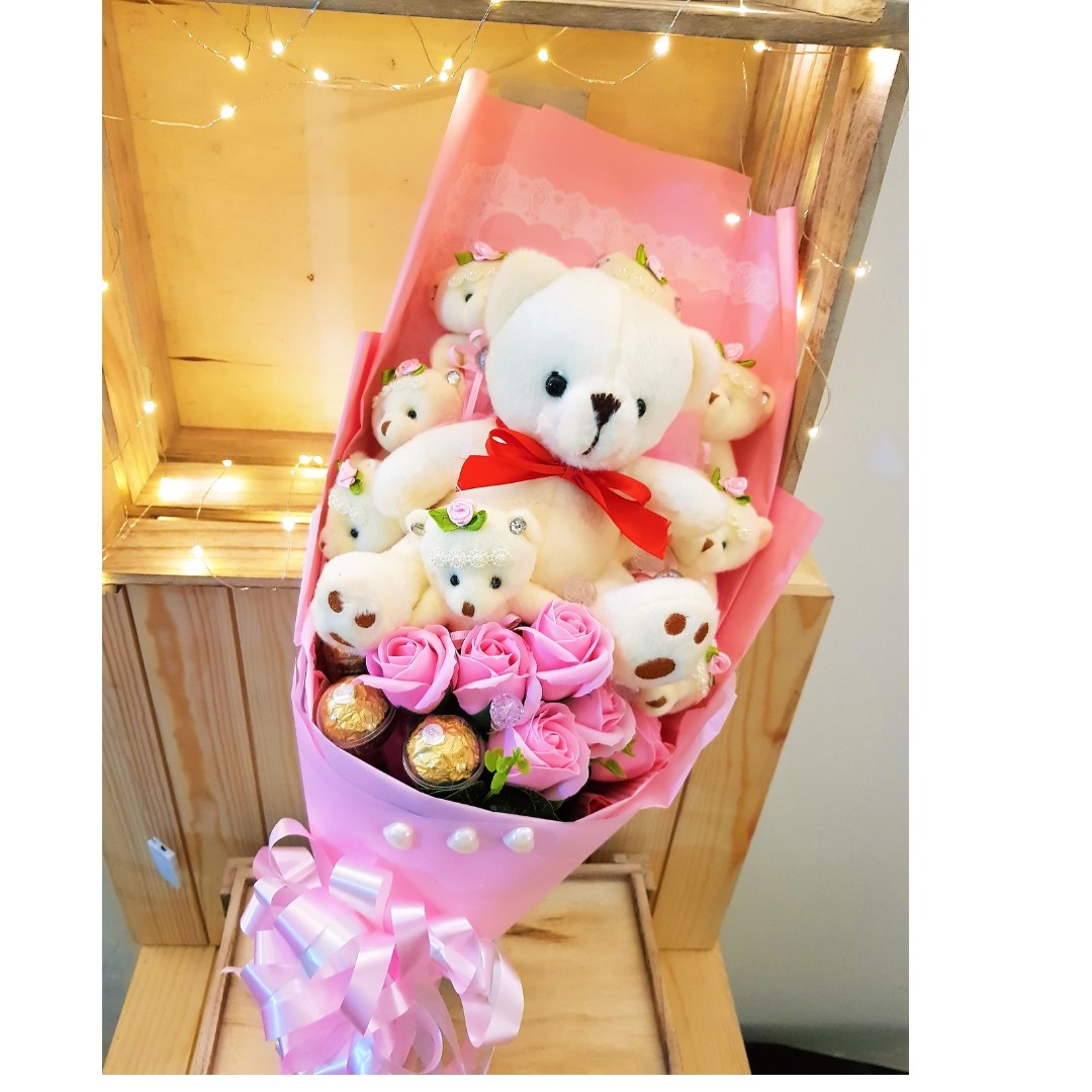 Cute Teddy Bear Family Doll With Soap Roses Bouquet (With LED and Music ...