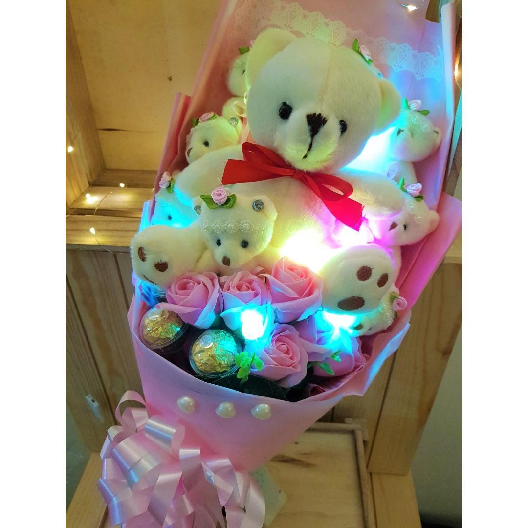 Cute Teddy Bear Family Doll With Soap Roses Bouquet (With LED and Music ...