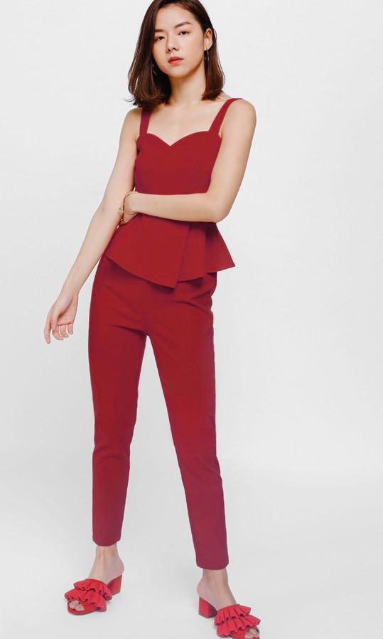 Red Cotton Peplum Top Pant Co-ords Sets - Fashion Baazar