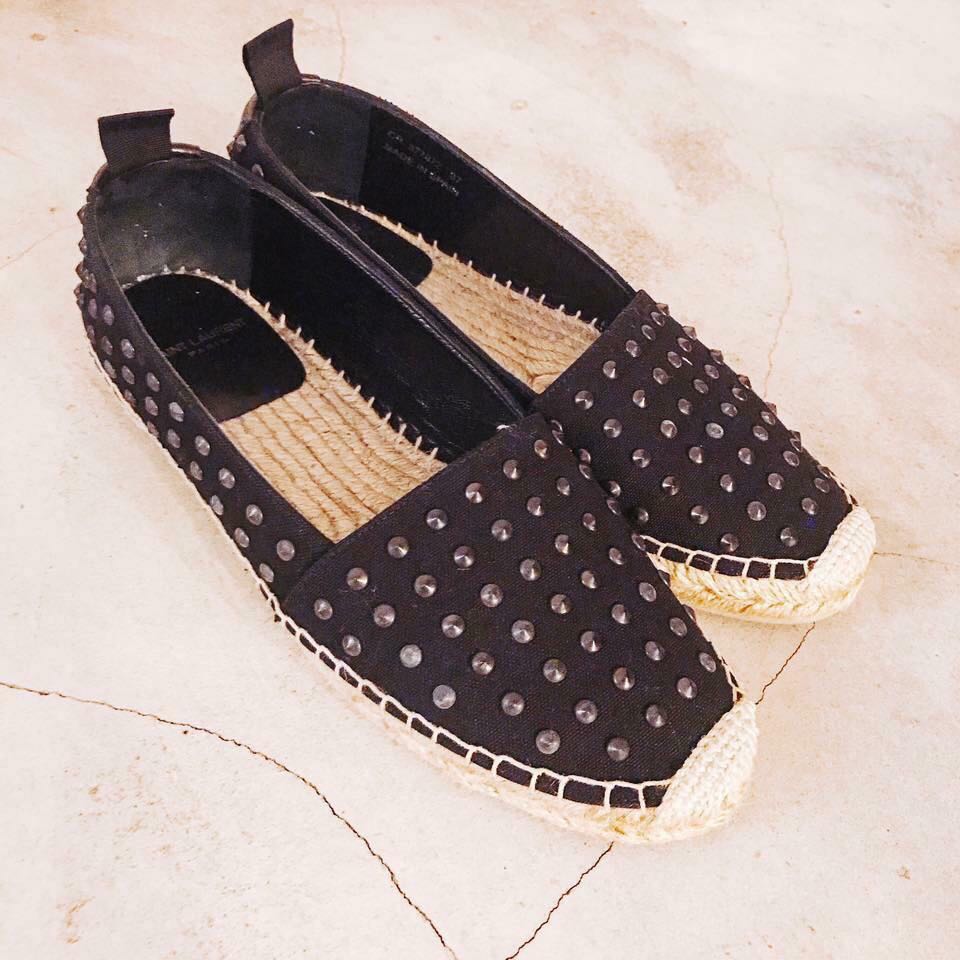 法国ysl saint laurent圣罗兰女孩黑色摇滚卯钉草编铅笔鞋 37号