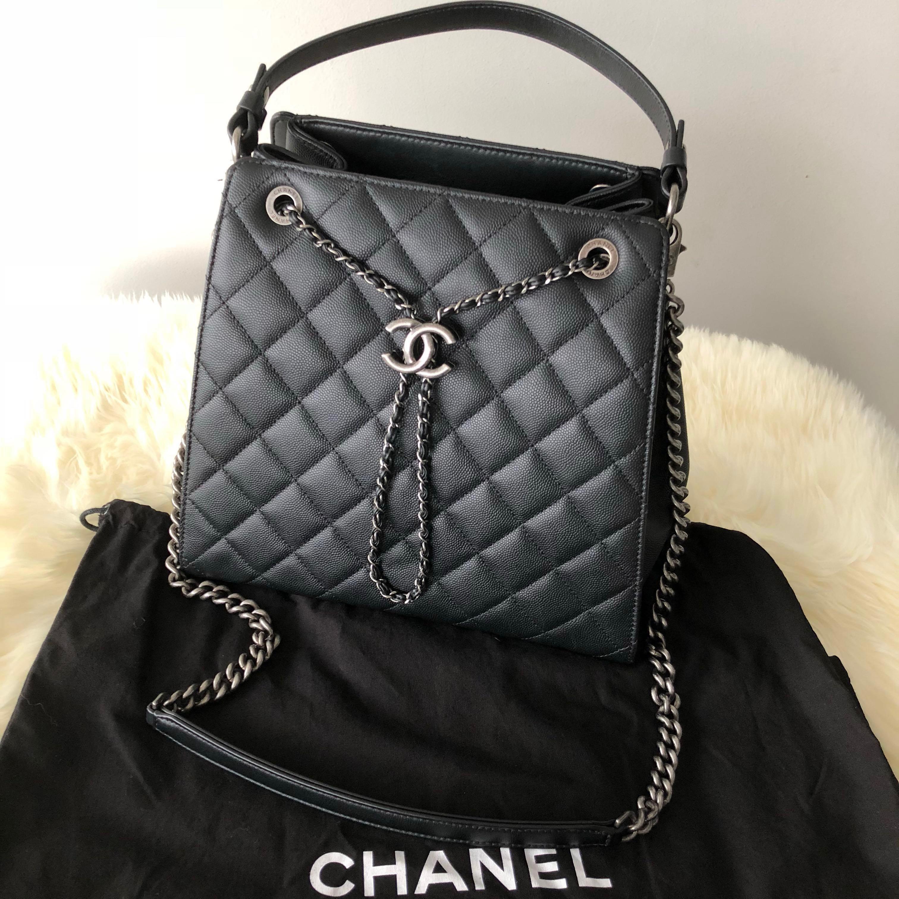 Authentic Chanel Accordion Black Caviar Bucket Bag with Ruthenium
