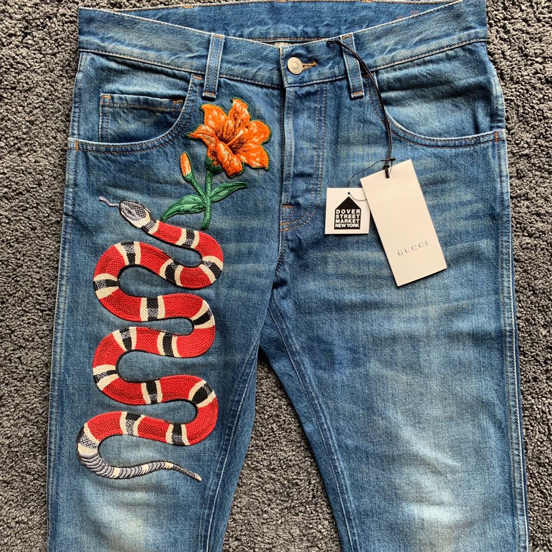 Gucci Flower denim jeans NY embroidered, Men's Fashion, Bottoms, Jeans on Carousell