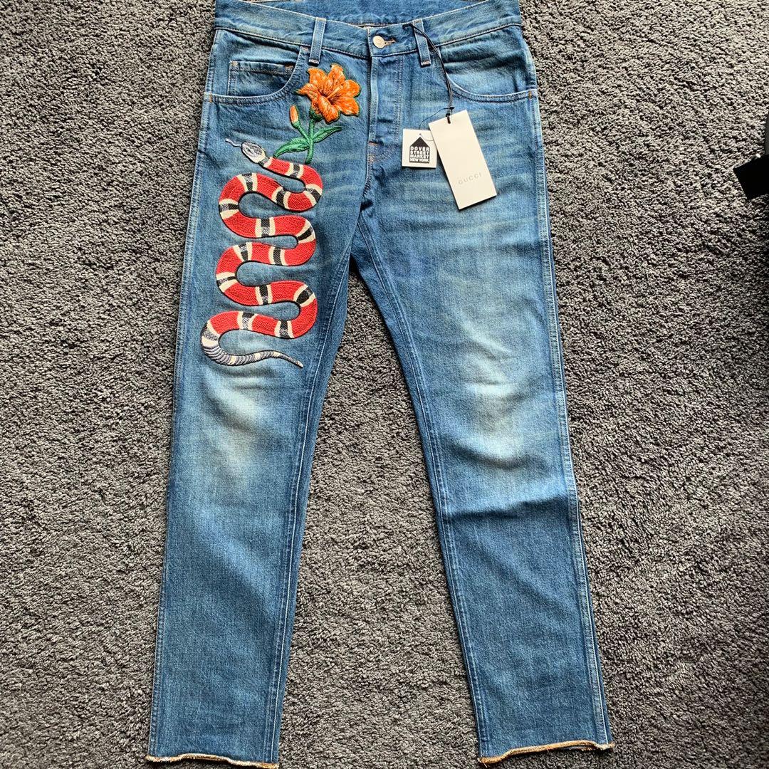 Gucci Flower denim jeans NY embroidered, Men's Fashion, Bottoms, Jeans on Carousell
