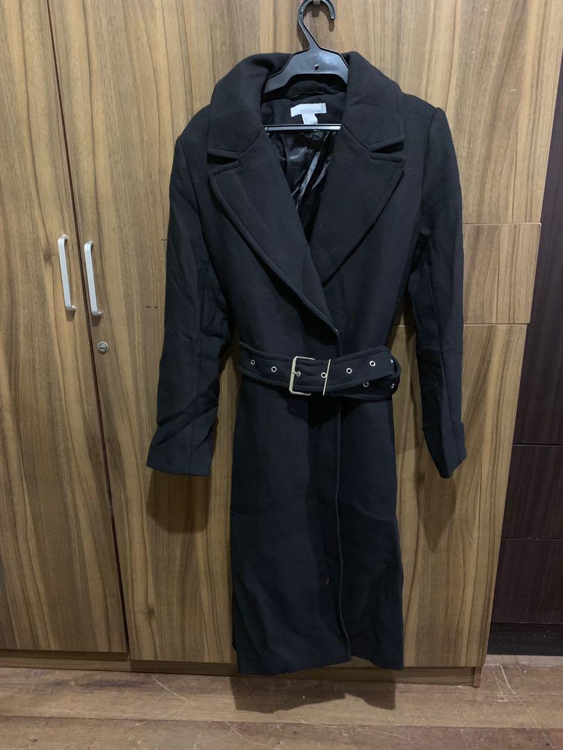 H M Black Belted Long Winter Coat Women s Fashion Coats Jackets