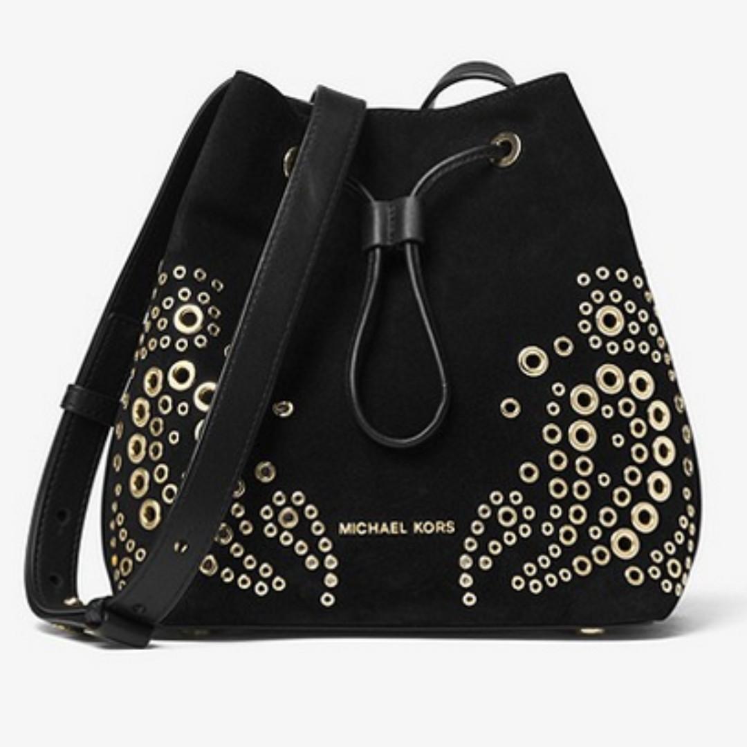 michael kors cary small grommeted suede bucket bag