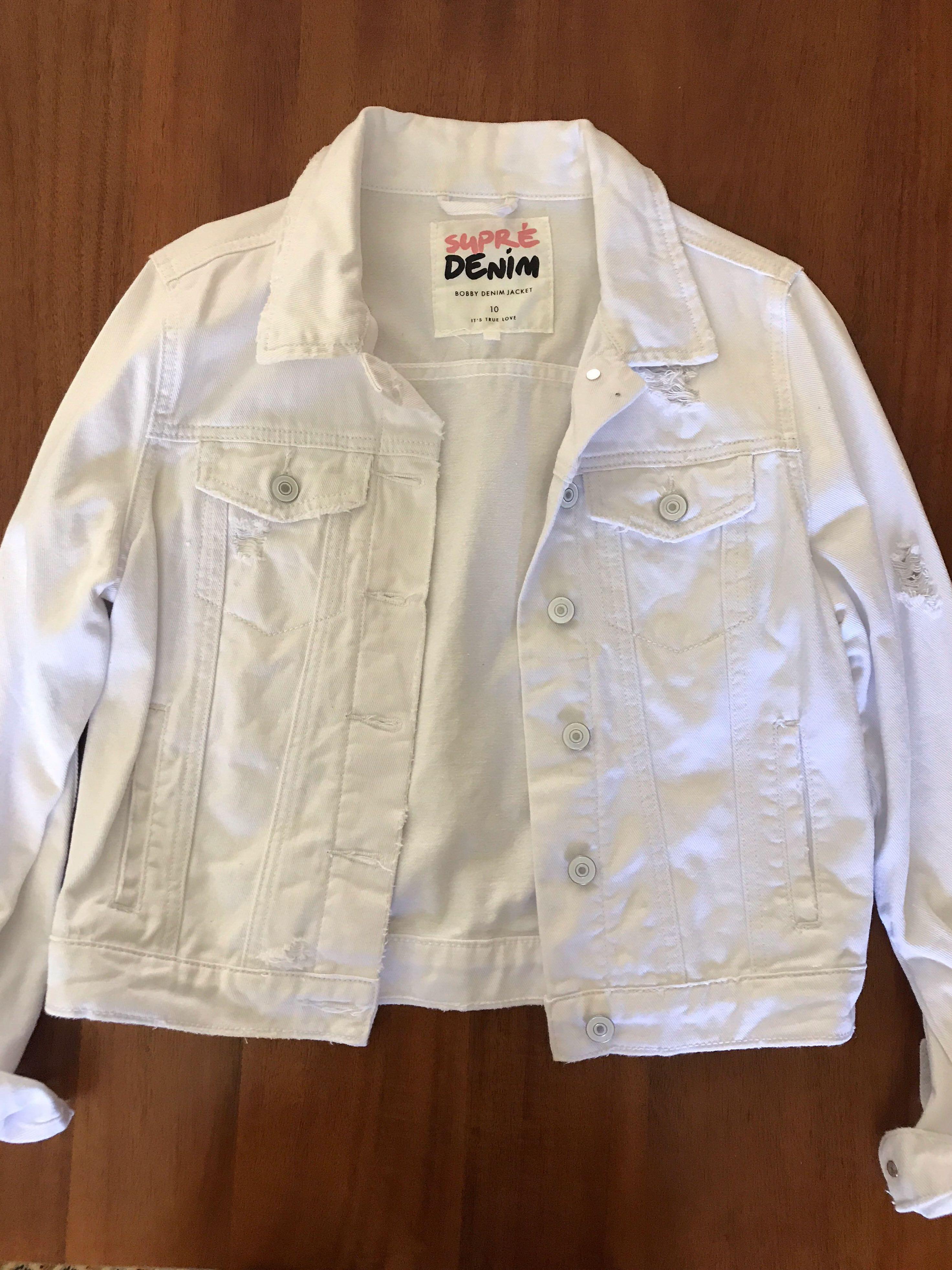 Supre White Denim Jacket Women s Fashion Clothes on Carousell
