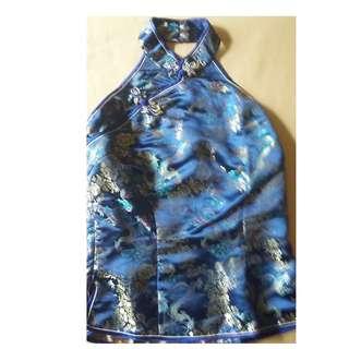 Atasan Backless Kerah Shanghai bahan sutera warna biru