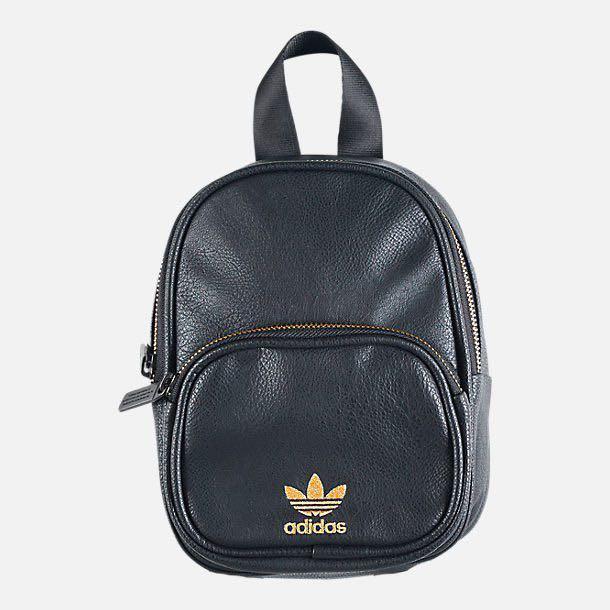 Adidas Originals Faux Leather Black Gold Mini Backpack, Women's Fashion