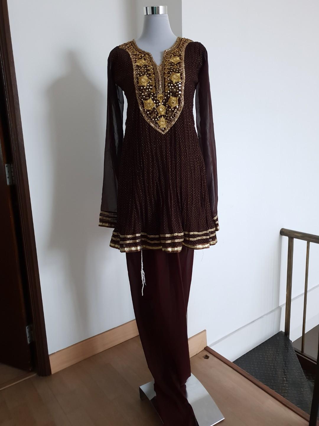 Chocolate Brown Punjabi suit with Gold Polka Dots CNY888 Women s