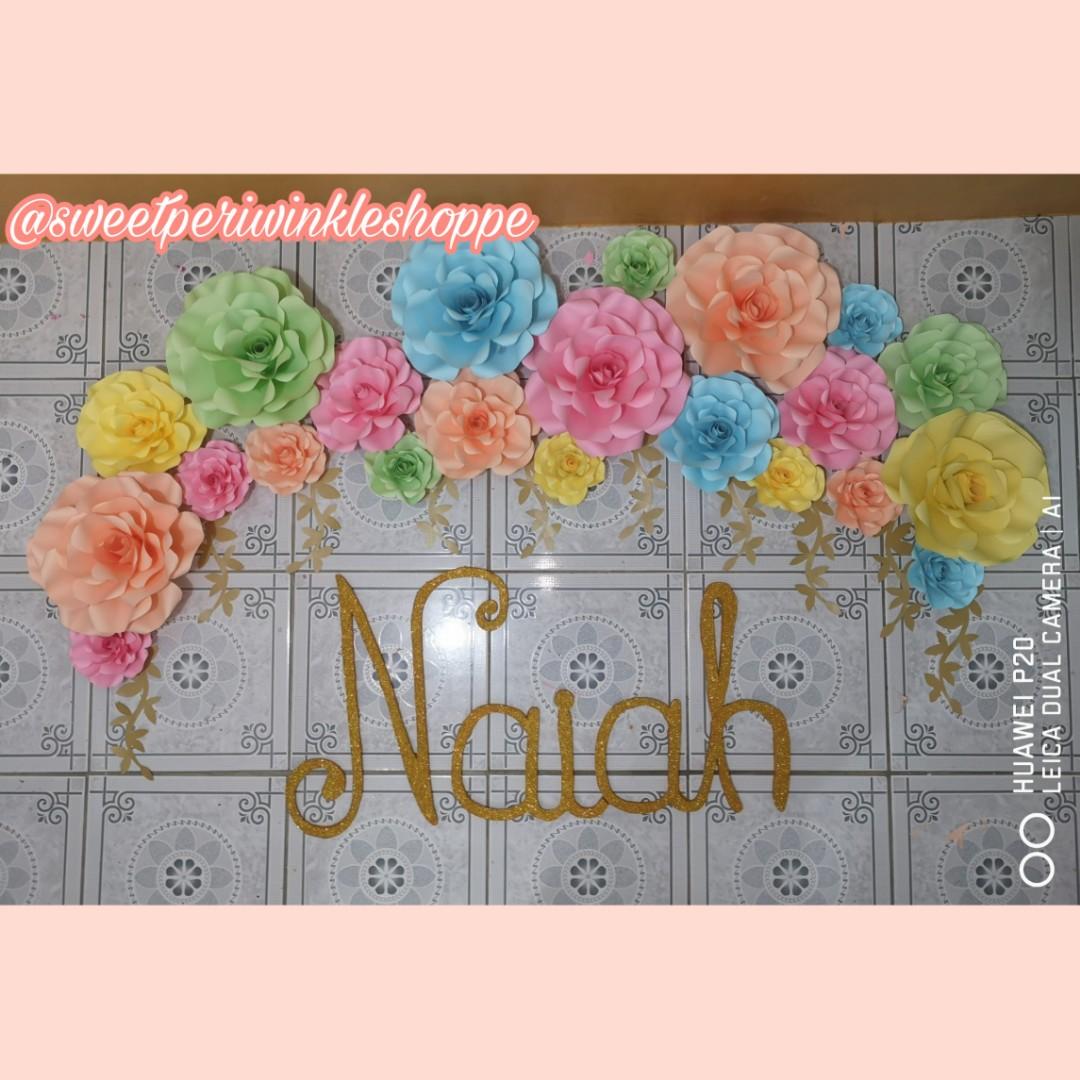 MTO: styro name and paper flowers (Category: Flowers & Bouquets) located in Taguig. Submitted by sweetperiwinkleshoppe (Listing ID 211763481, Image 1). Description: PM us if interested for the pricing. 😉 #styroname #styrobackdrop #glitteryname #glitterygold #styroph #sytronameph #backdrop #madetoorder #taguigbased #metromanila #lalamove #paperflowers #rose.