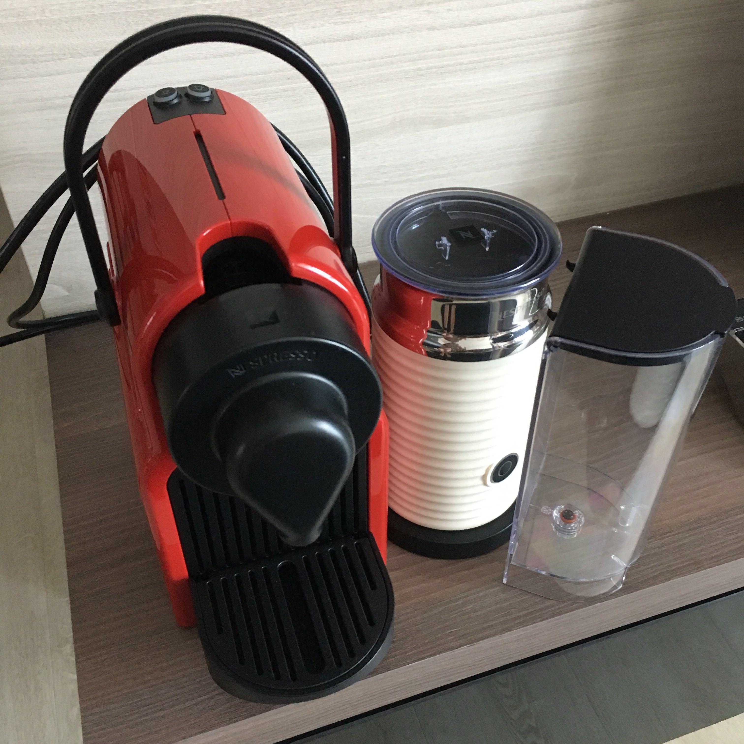 Nespresso Inissia Red + Milk Frother White, TV & Appliances, Appliances, Coffee Machines & Makers on Carousell