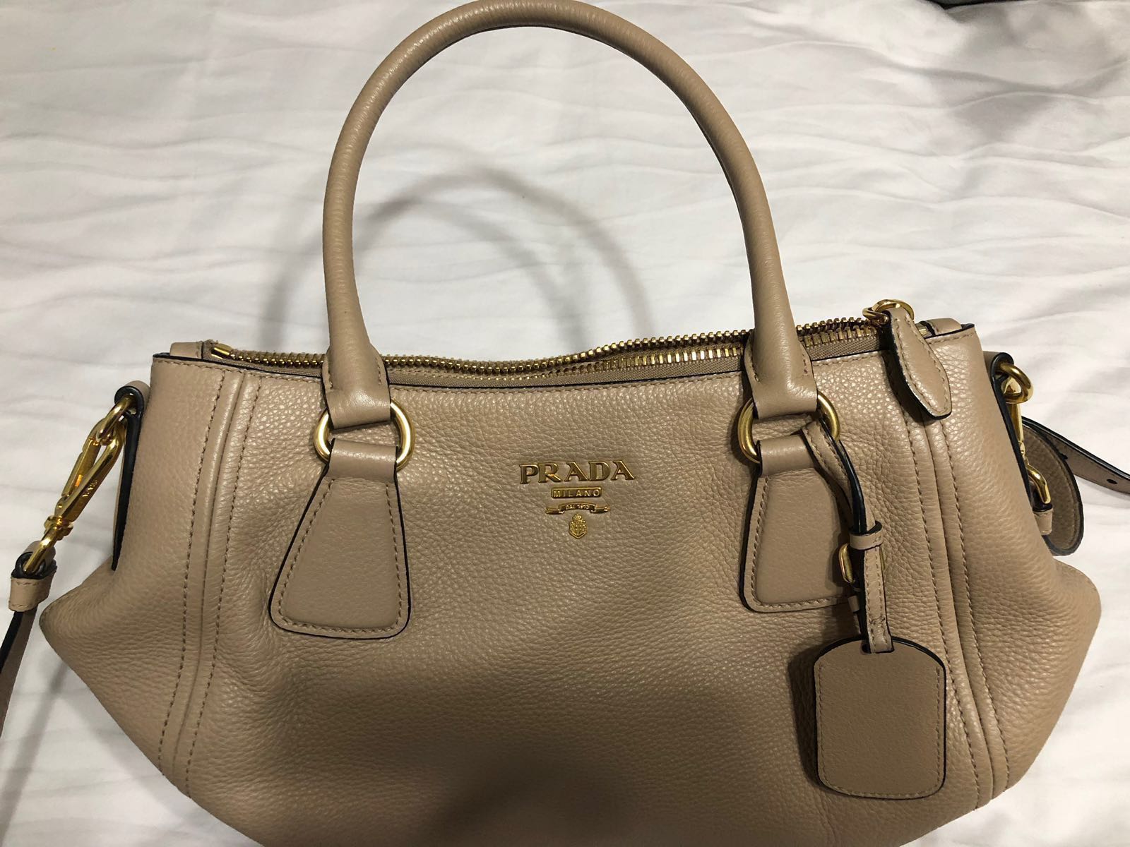 Used Prada Vitello Phenix Leather Convertible Bag- Biege, Luxury, Bags