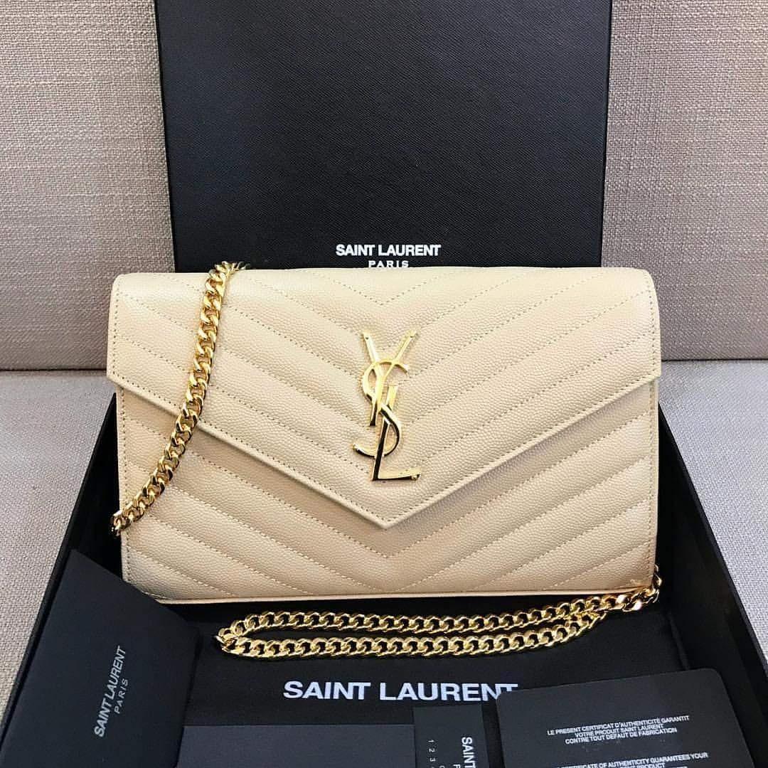 Yves Saint Laurent Wallet on Chain in Beige GHW, Luxury, Bags