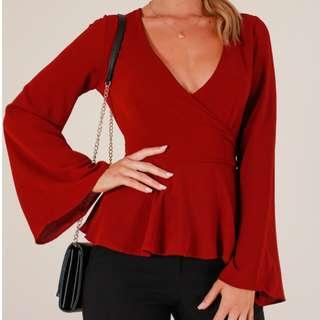 Showpo wrap top in wine