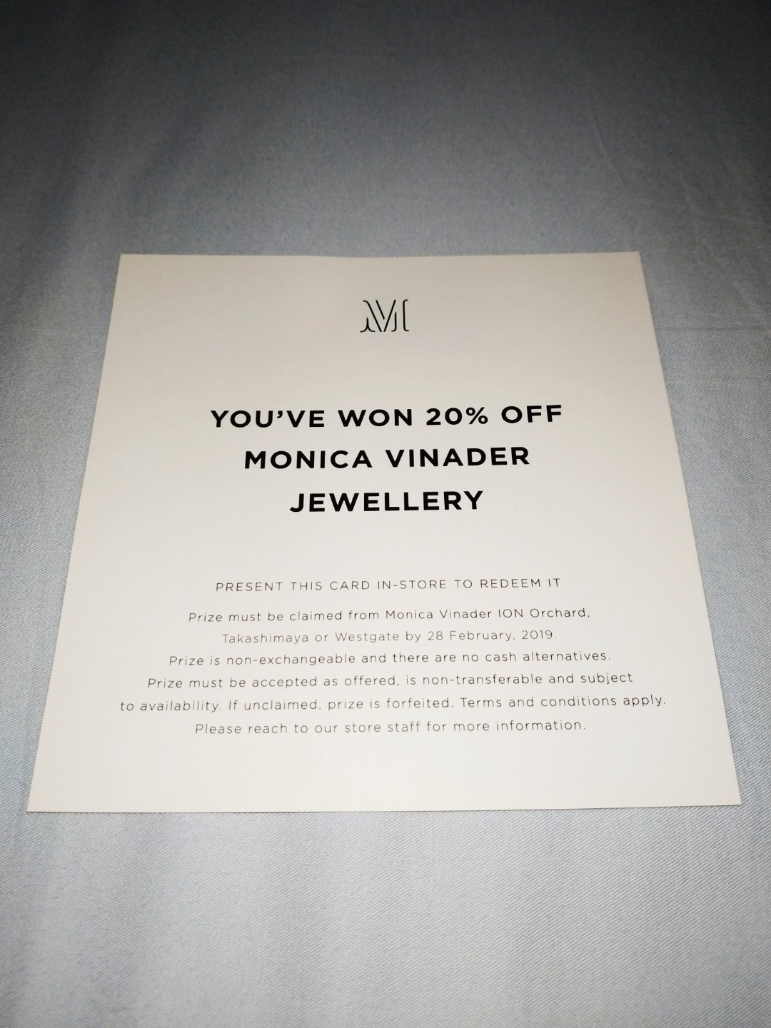 1x 20 discount voucher for monica vinader items with free delivery Everything Else on Carousell