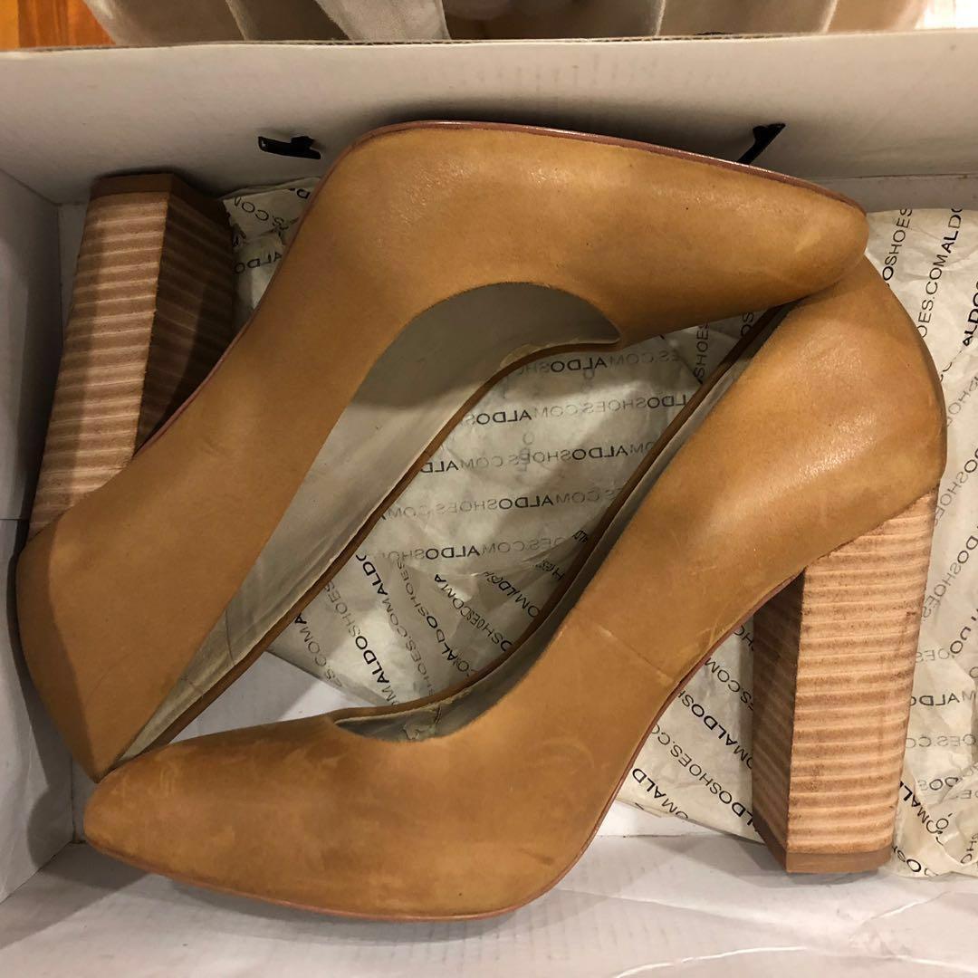Aldo Brown Leather Alilicien Wood Block Heel Court Shoes Chunky Heels