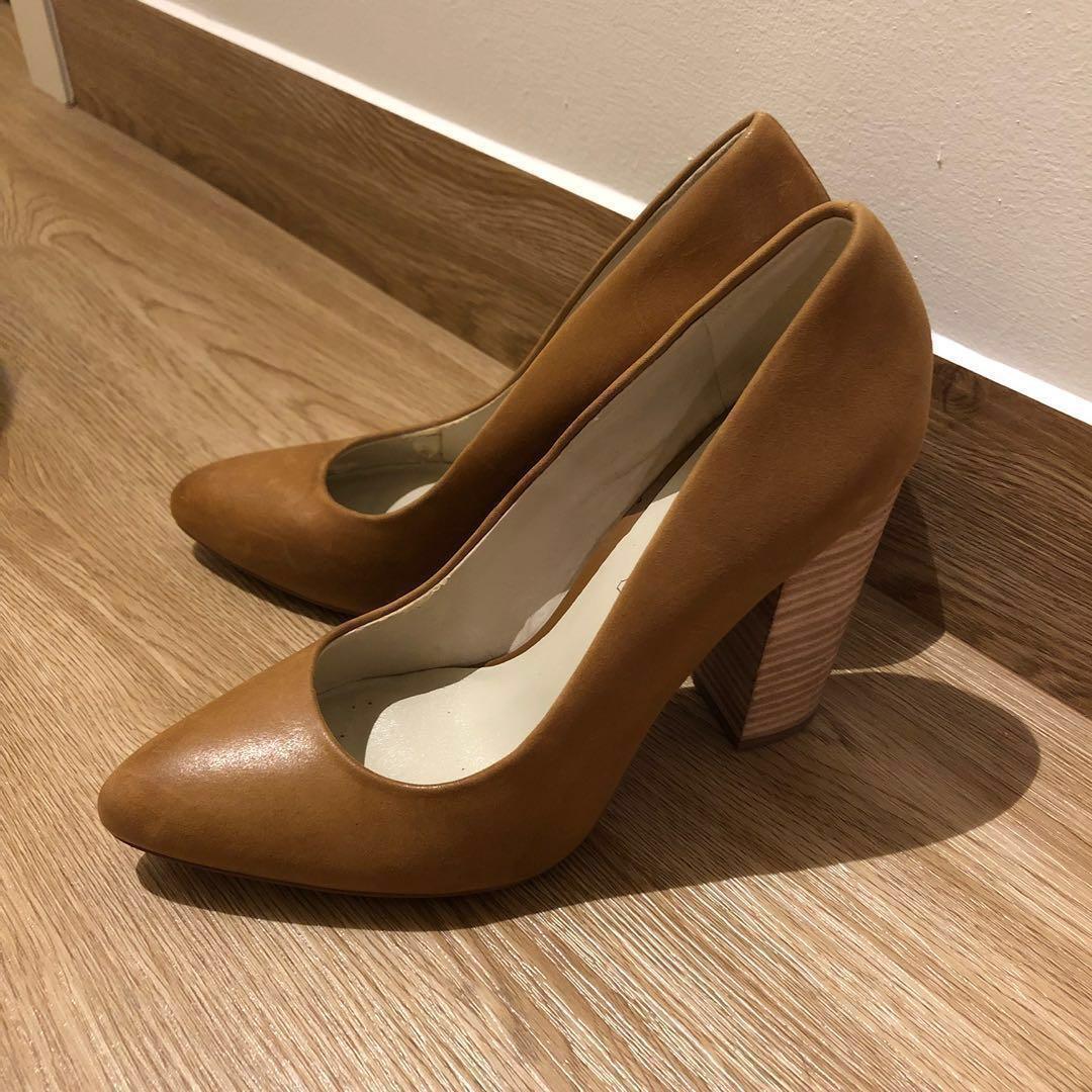 Aldo Brown Leather Alilicien Wood Block Heel Court Shoes Chunky