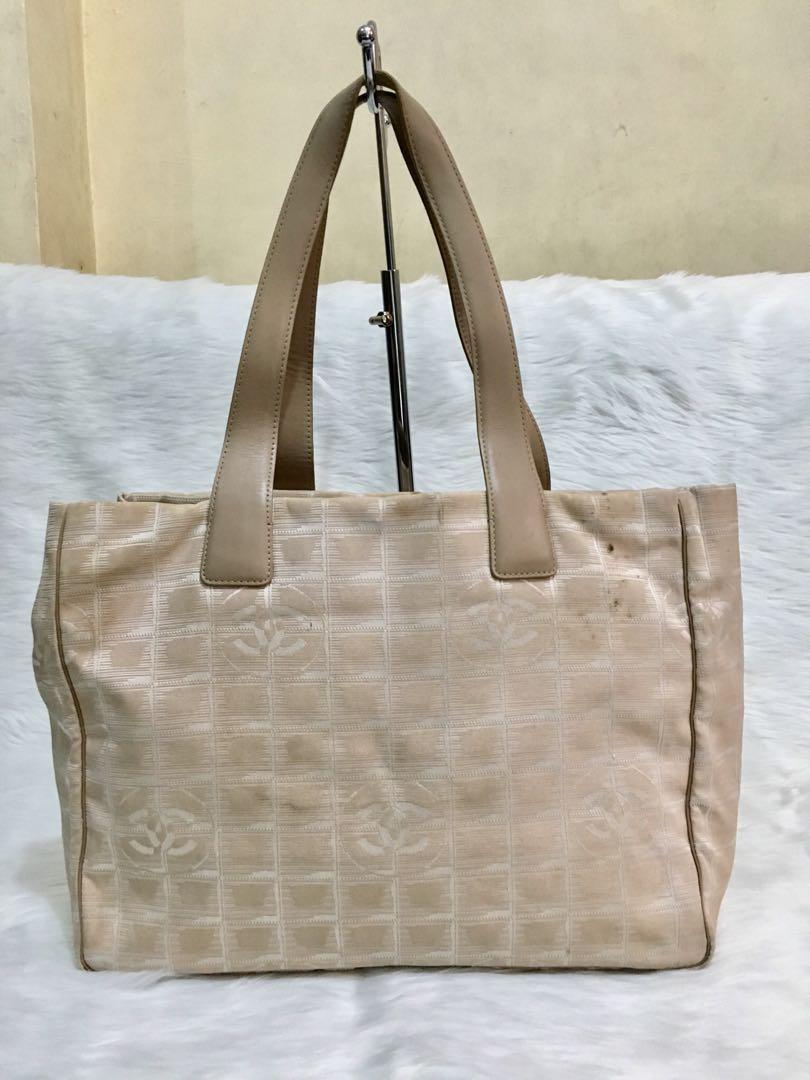 Authentic Chanel Travel Line Beige Jacquard Nylon Tote Bag -with