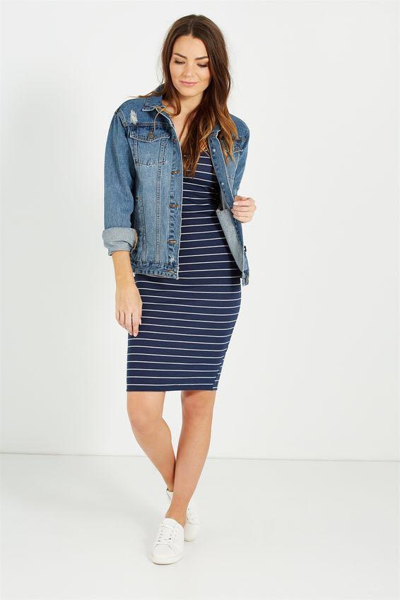 SALE BNWT Kimi Scooped Bodycon Midi Dress Colour space navy white jen stripe Women s Fashion Tops Sleeveless on Carousell
