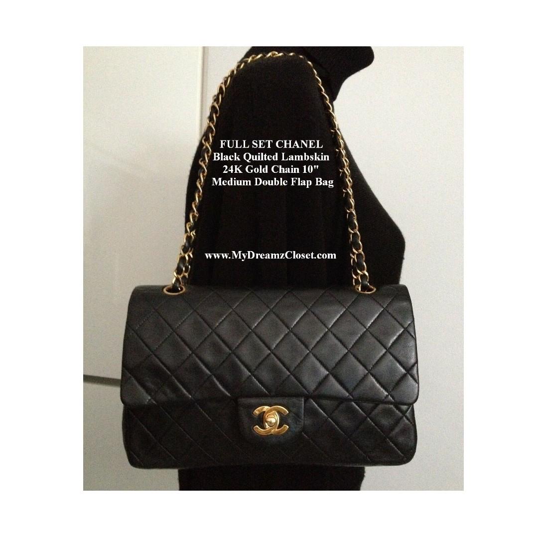 Full Set Chanel Black Quilted Lambskin 24K Gold Chain 10