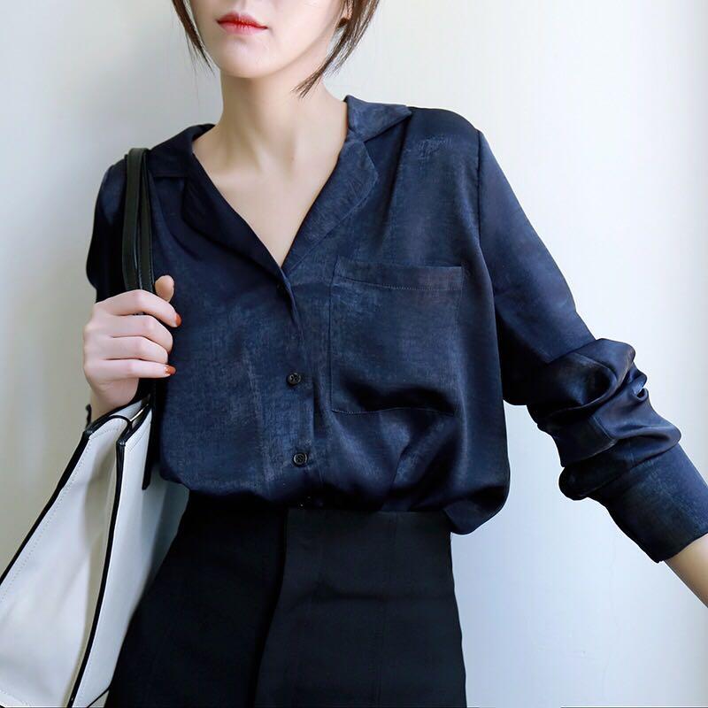 satin navy blouse