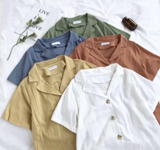 Olive Green Contrast Button Up Shirt Women S Fashion Clothes Tops On Carousell