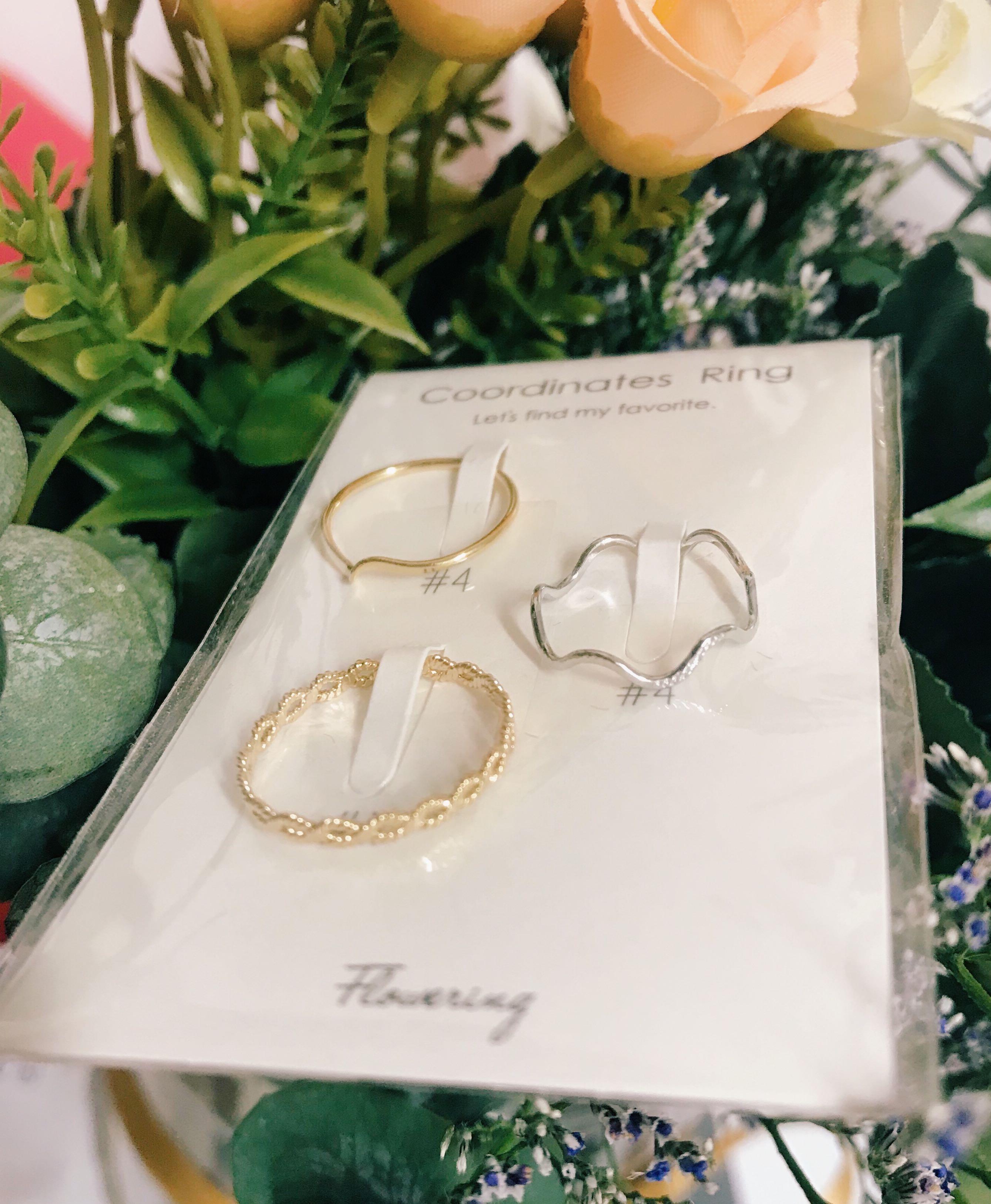 Stackable ring set (Category: Rings) located in Singapore. Submitted by starlightchae (Listing ID 212021916, Image 1). Description: Selling a brand new set of rings from Japan! There are 3 in the pack (as pictured), two of them are size 4 and one is size 11. They are stackable and look really cute when worn together. .